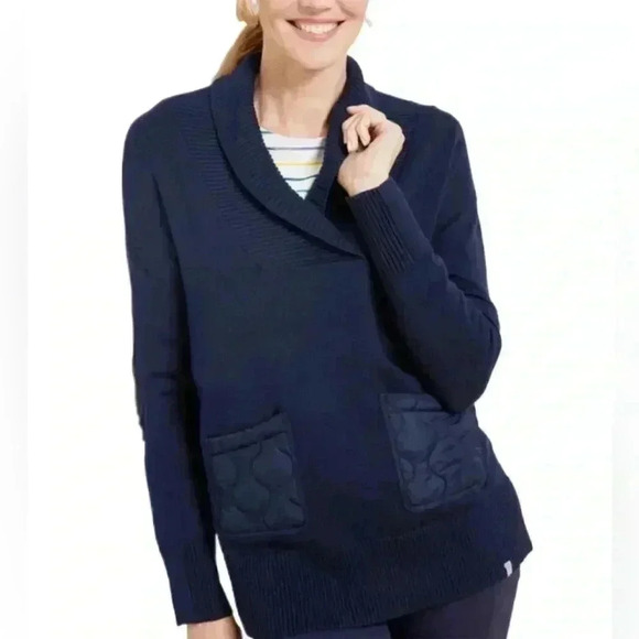 Talbots Women's Blue Shawl Collar Cardigan Sweater L Quilted Pockets - Picture 1 of 7